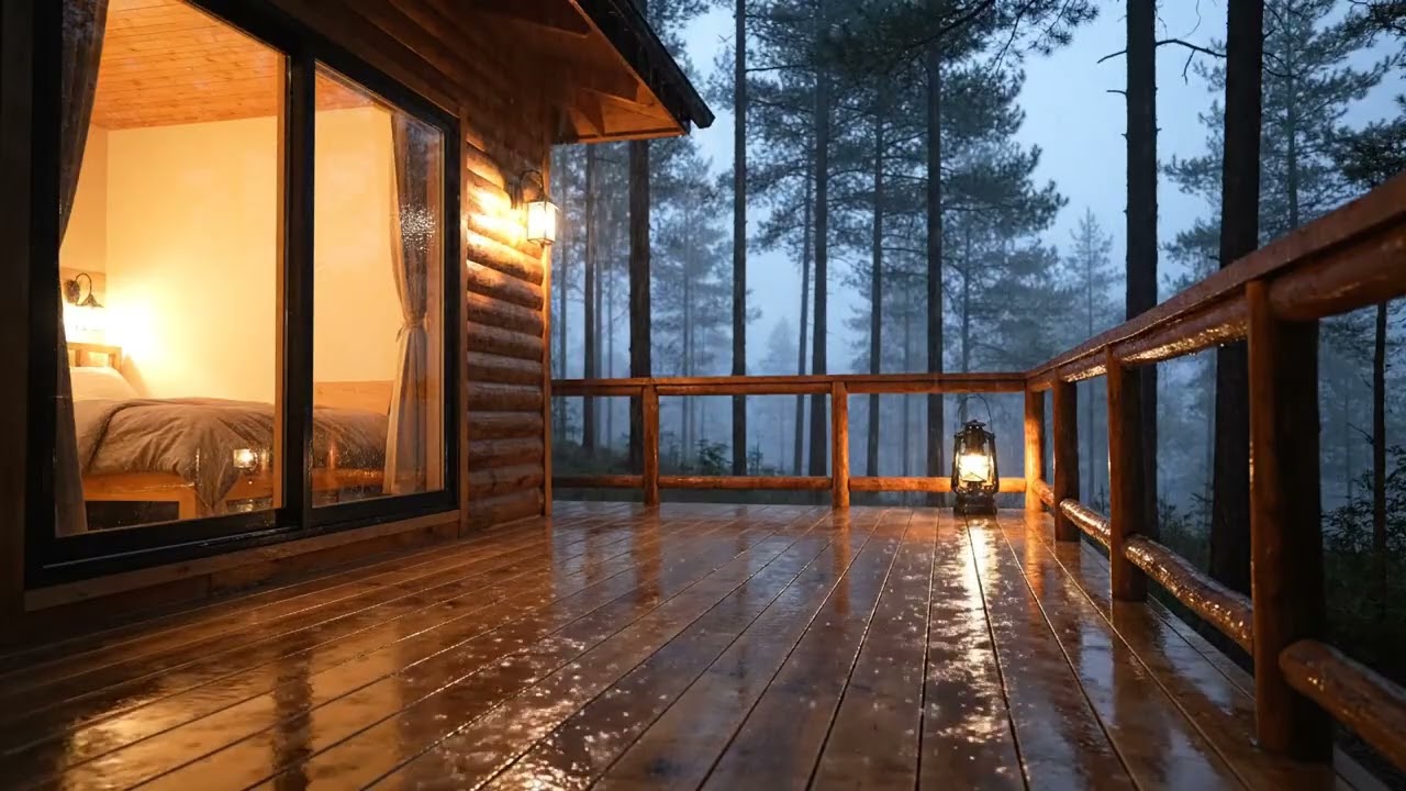 Calming Heavy Rain ASMR | Wooden Cabin Glow in a Rainy Forest Night