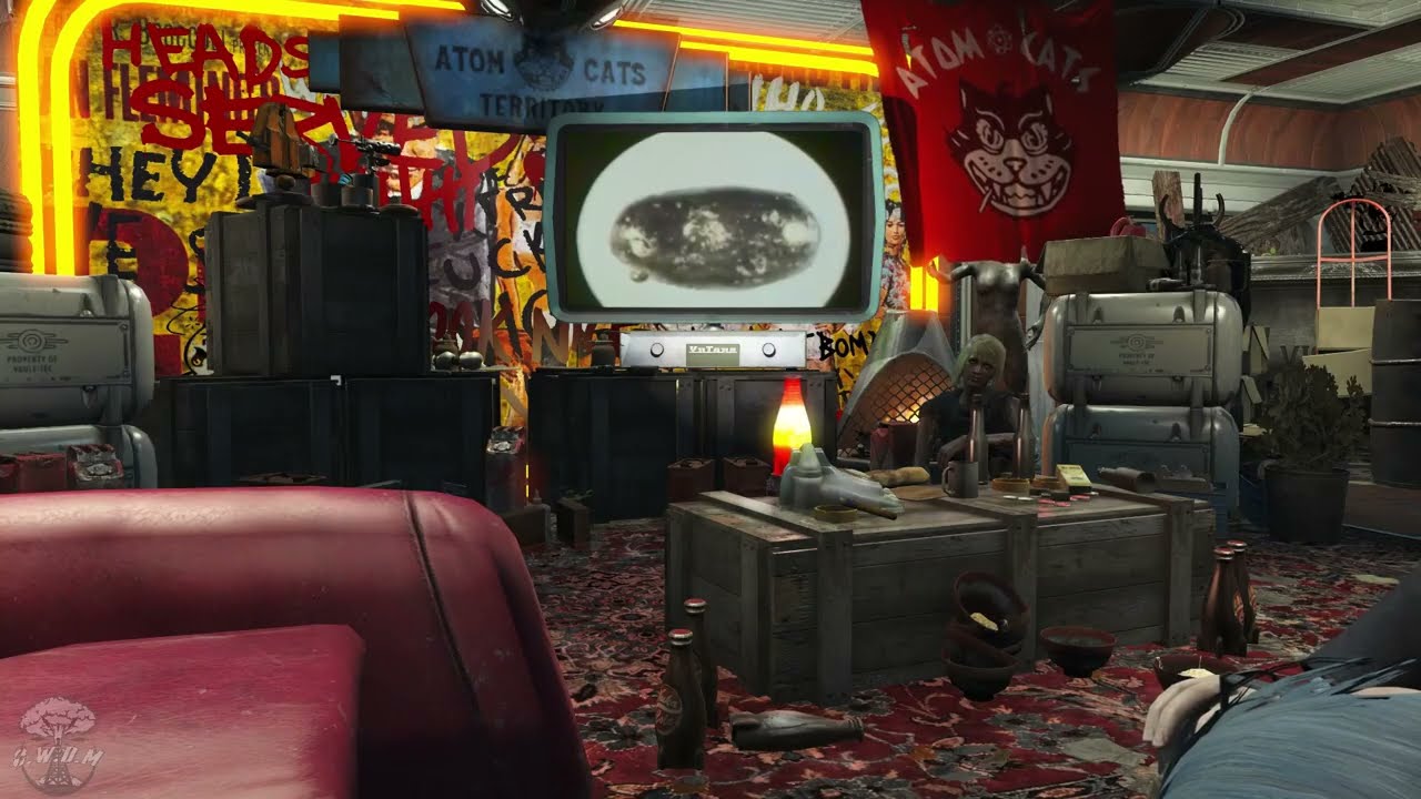 Fallout 4 Atomic TV Night ☢️ Old Nuke Films on the Screen • Thunderstorm Outside  Cozy Fire Ambience