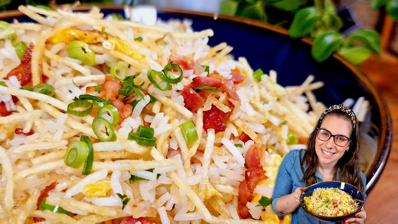 Arroz biro biro | Arroz temperado para churrasco com bacon e batata palha