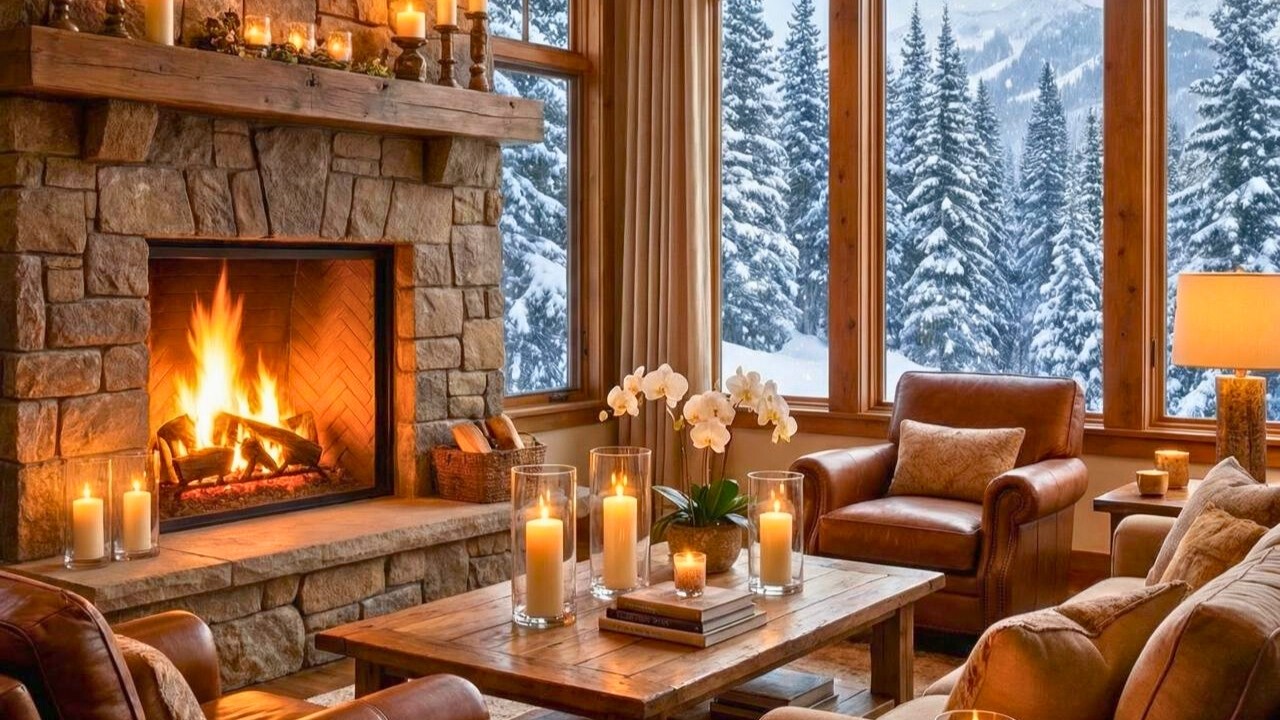 Cozy Winter Fireplace Room ❄️🔥 Snowfall, Calm Forest & Relaxing Music