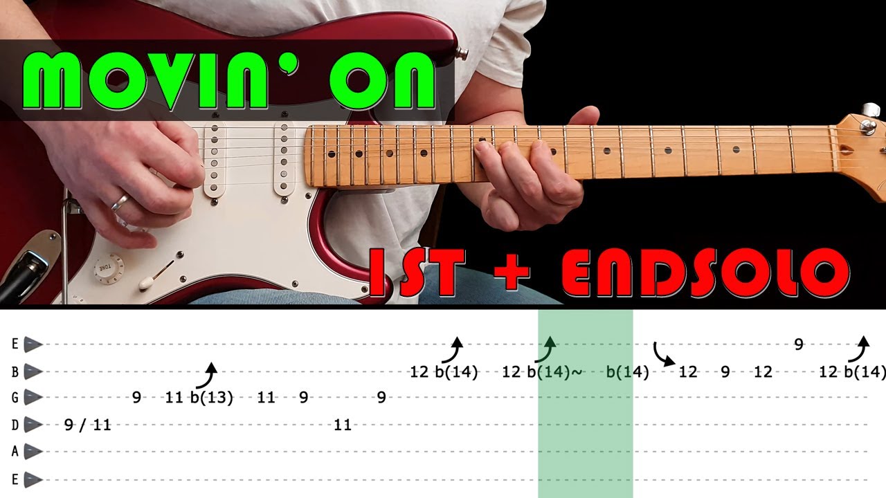 MOVIN' ON - Guitar lesson - 1st guitar solo + endsolo with tabs (fast & slow) - Missouri