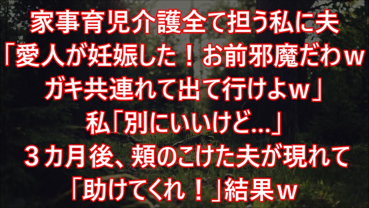 家事育児介護全て担う私に夫「愛人が妊娠した！お前邪魔だわｗガキ共連れて出て行けよｗ」私「別にいいけど…」３カ月後、頬のこけた夫が現れて「助けてくれ！」結果ｗ