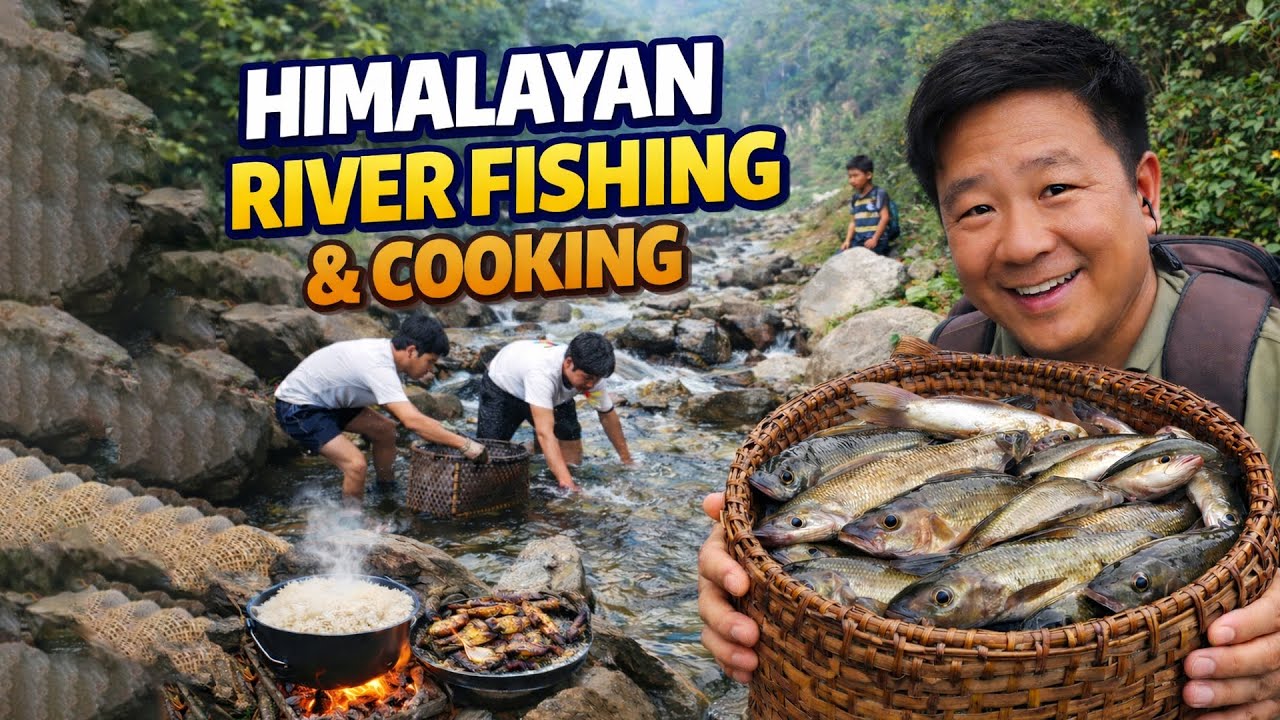 Himalayan River Fishing in Nepal 🐟 | Traditional Duwali Fishing & Riverside Cooking