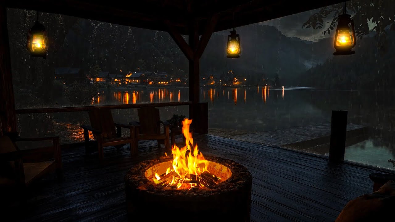 Warm Campfire on a Cold Rainy Night • Peaceful Wooden Cabin by the Lake • Fall Asleep in 5 Minutes
