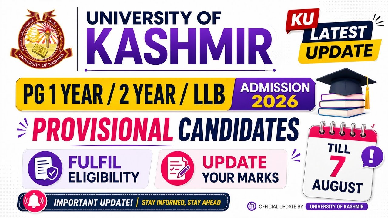 Kashmir University PG Admission 2026 | Fulfill Eligibility for Provisional Candidates | Until Aug...