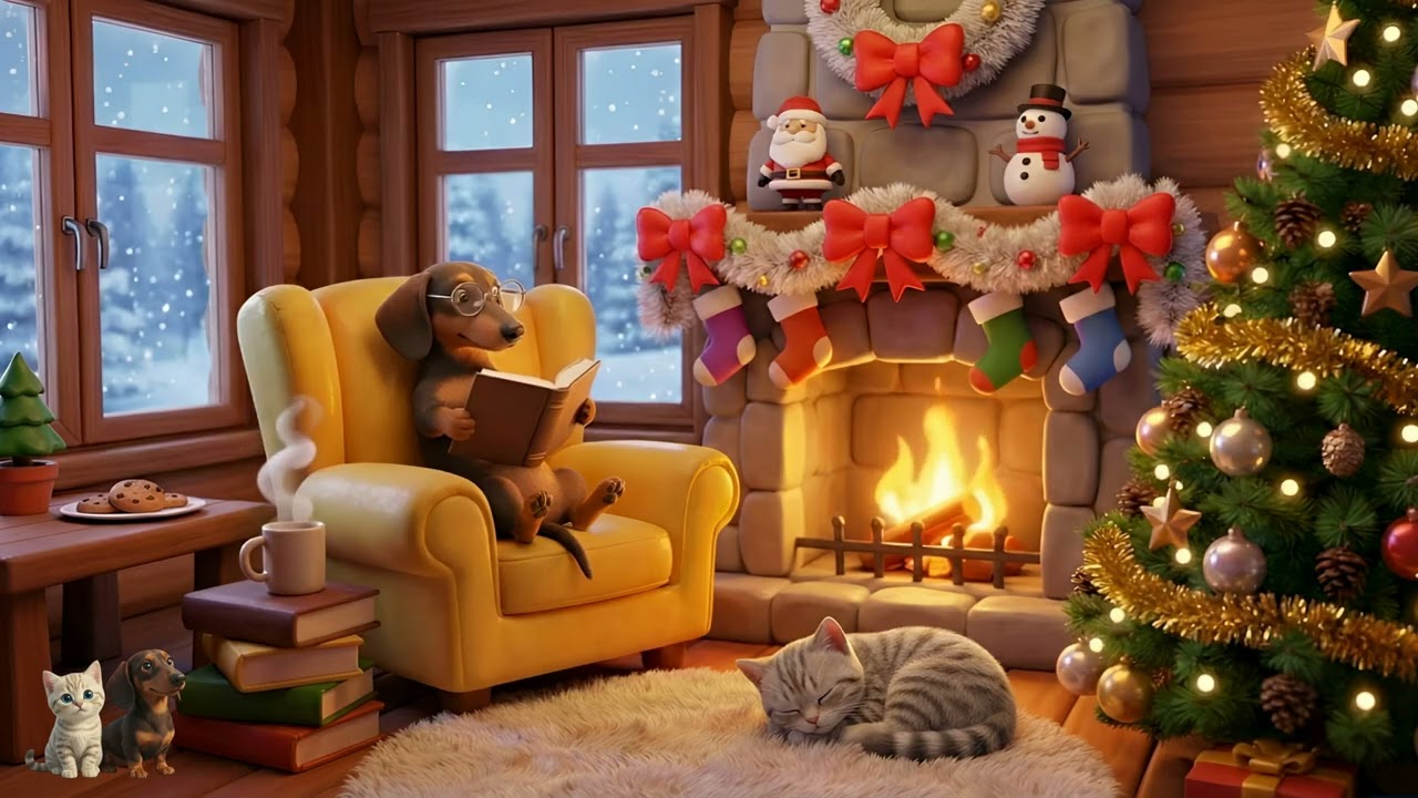 Cozy Christmas Vibes 🎄🐶🐱 Dog & Cat Relaxing by the Fireplace”