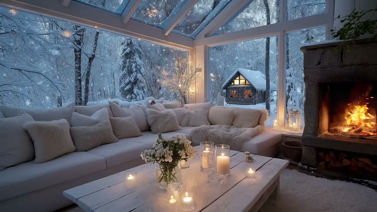 💤Warm White Lounge Serenity | Cozy Fireplace & Snowy Night (2 Hours) | Fall Asleep Relax Study Work
