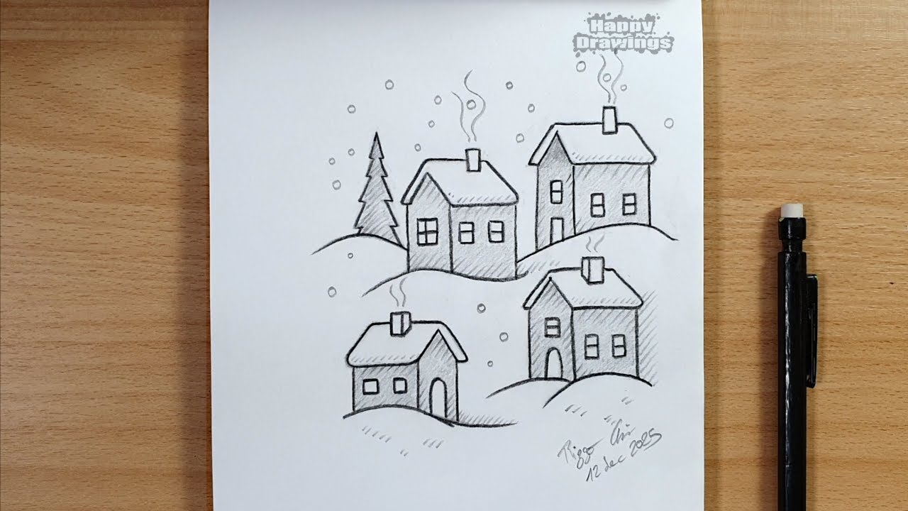 Easy Snowy Village Drawing | Step by Step Winter Landscape