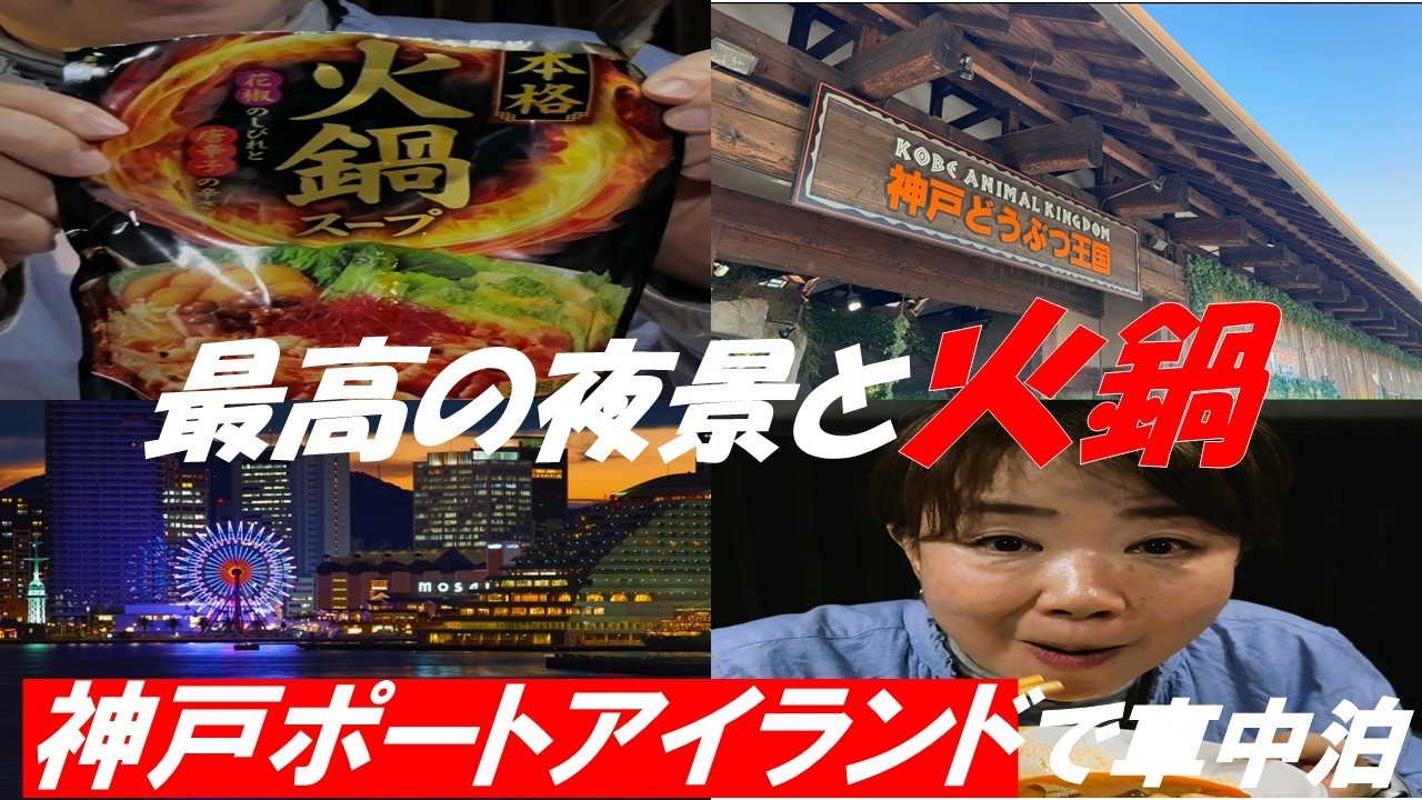 【神戸ポートアイランドでハイエースキャンピングカー車中泊】最高の夜景と火鍋、神戸どうぶつ王国