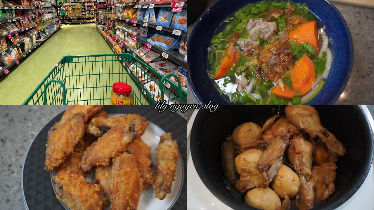 Grocery shopping , soy sauce chicken by rice cooker, Fried chicken wings, Vietnamese noodle soup