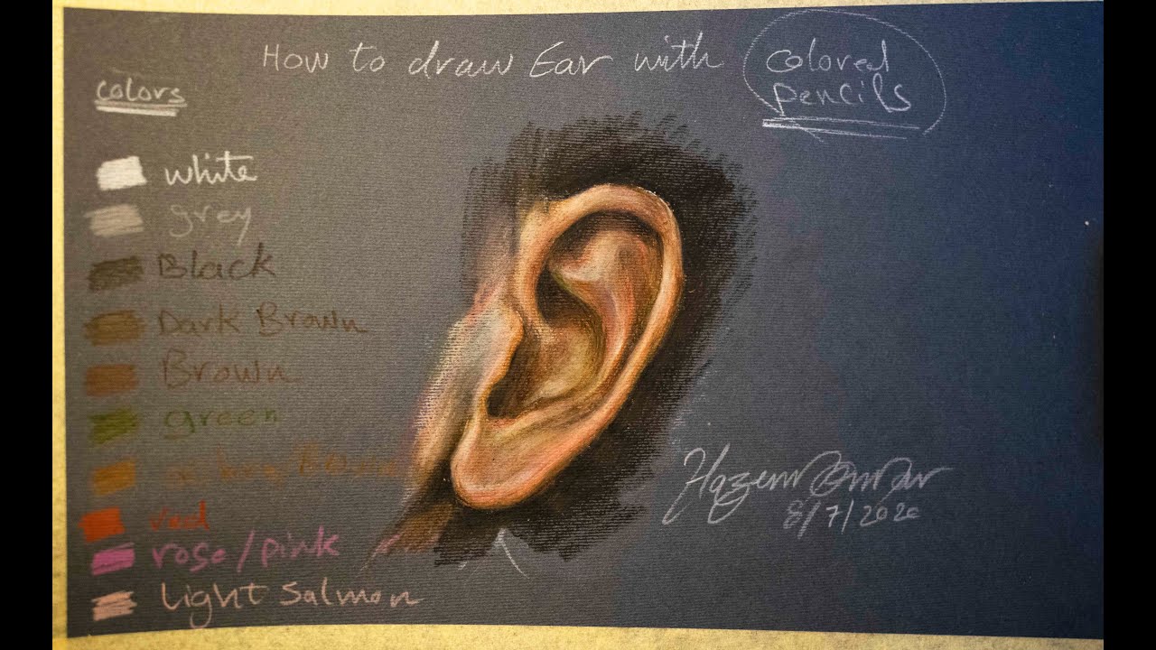 How to draw and shade ear with colored pencils - side view