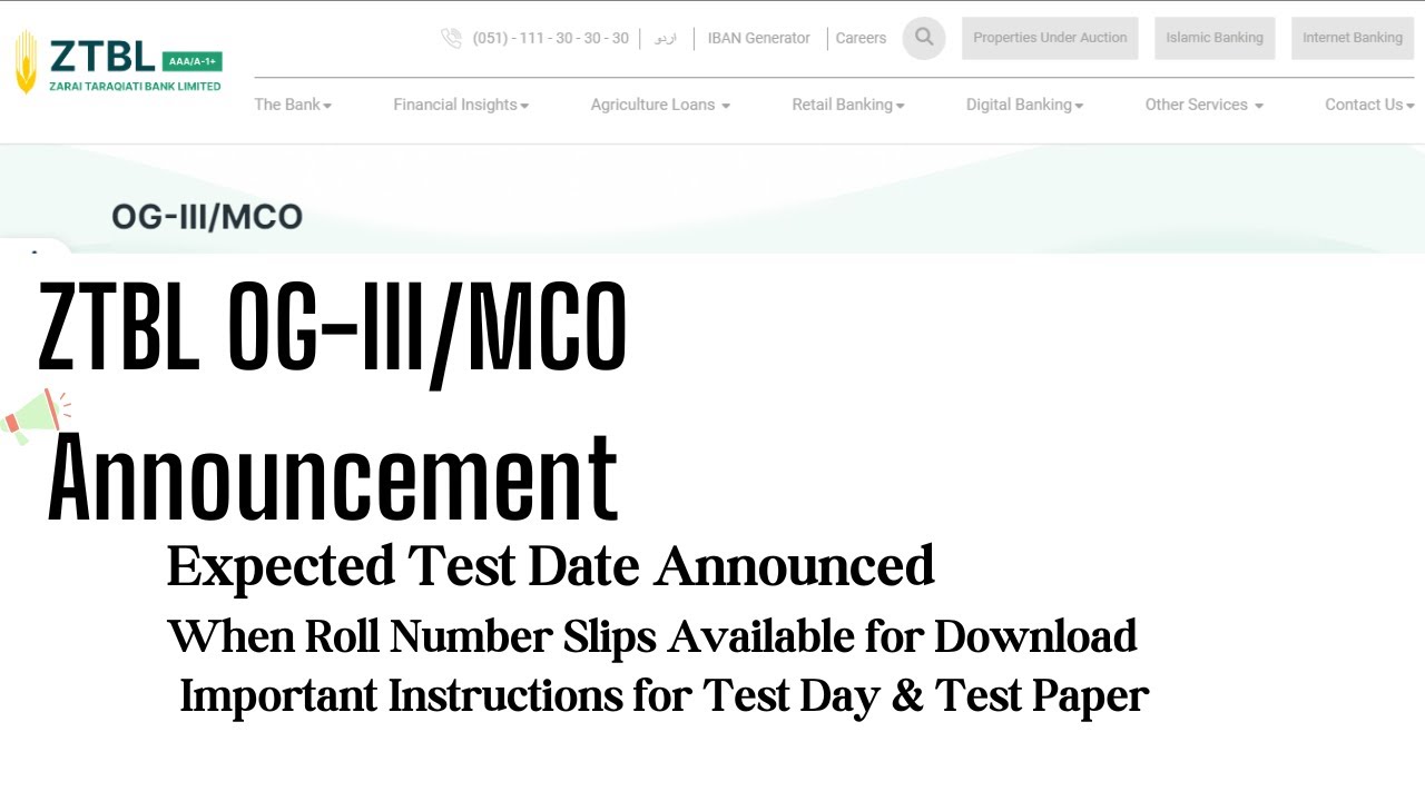 Announcement: ZTBL OG-3/MCO TEST Date | When Roll No Slip Download | Test Day Instructions