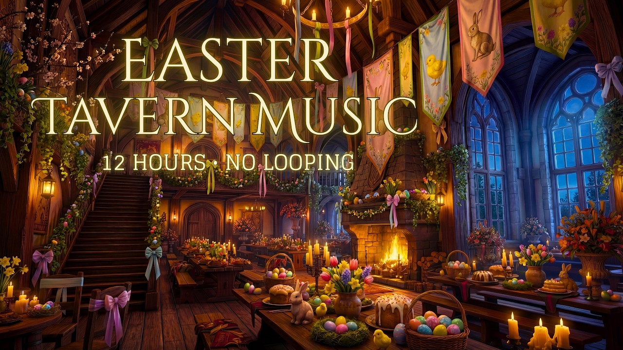 The Grand Hall Easter Feast | 12 Hours of Mellow Tavern Music & Warm Fireplace Ambience for Easter