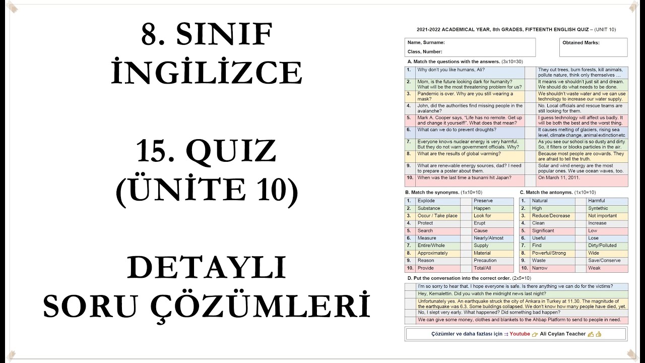 İngilizce, 8. Sınıf, 15. Quiz ve Detaylı Çözümleri (Ünite 10) #Lgs #İngilizce