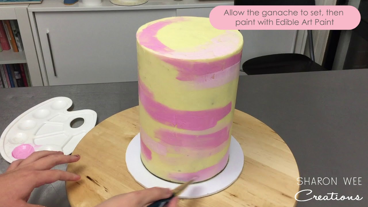 Painting on chocolate ganache and making a tall double barrel cake