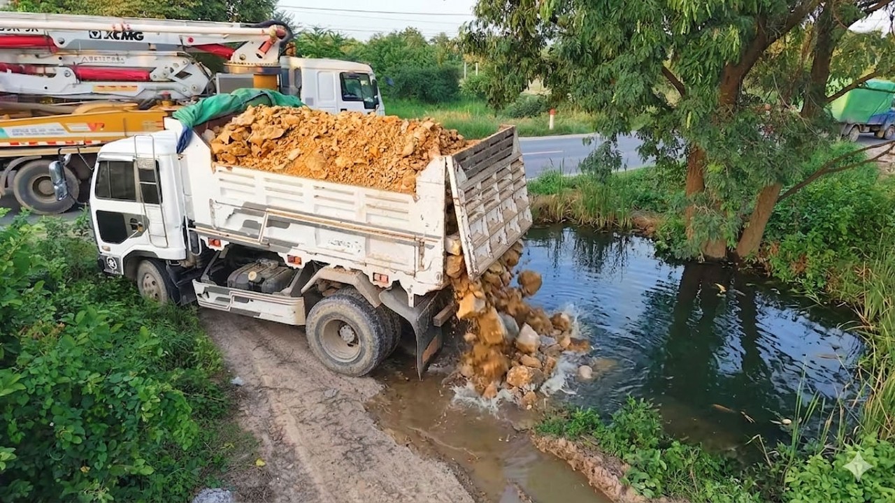Started NEW Project!DumpTruck Filling Land DeleteCanal, By Skillful Dozer D21P Pushing Soil perfect 