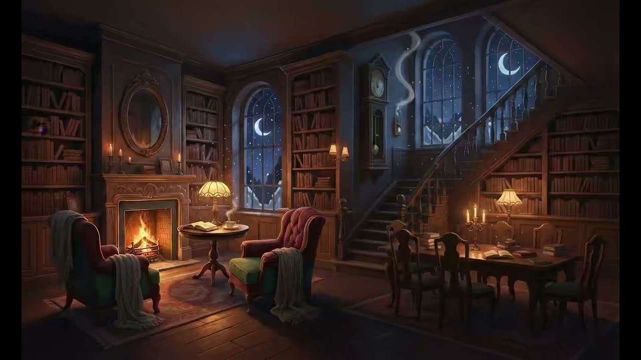 A Quiet Night in a Cozy Library 🔥  Fireplace Ambience for Deep Sleep (432 Hz Waves)