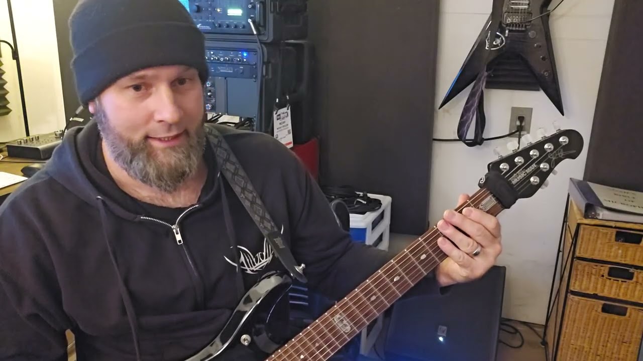 A riff/rhythm exercise that utilizes all 4 fingers of the fretting hand.