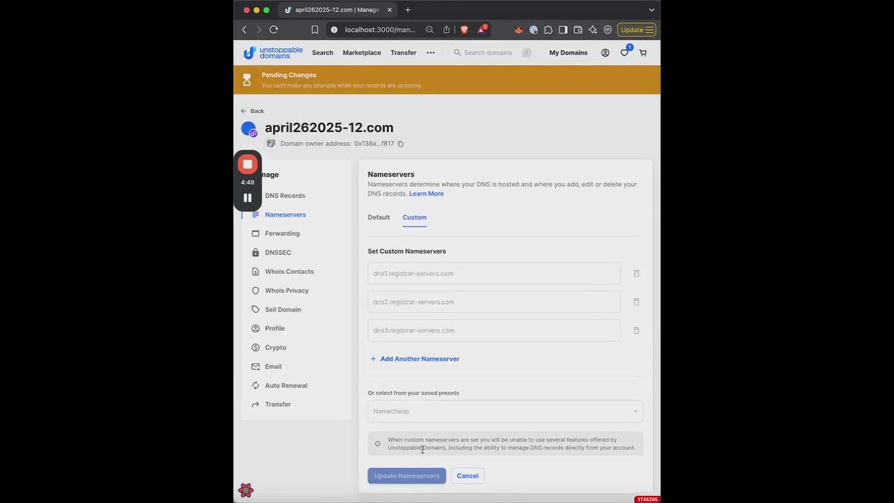 How to apply nameserver presets to a domain