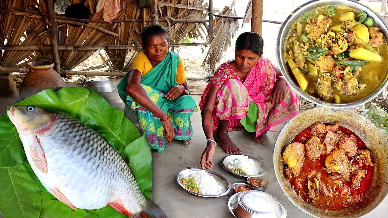 American rohu fish curry & fish egg curry cooking by our santali tribe grandma||Indian village