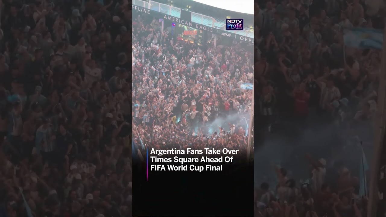 Watch: Argentina Fans Take Over New York's Times Square Ahead Of FIFA World Cup Final #fifaworldcup