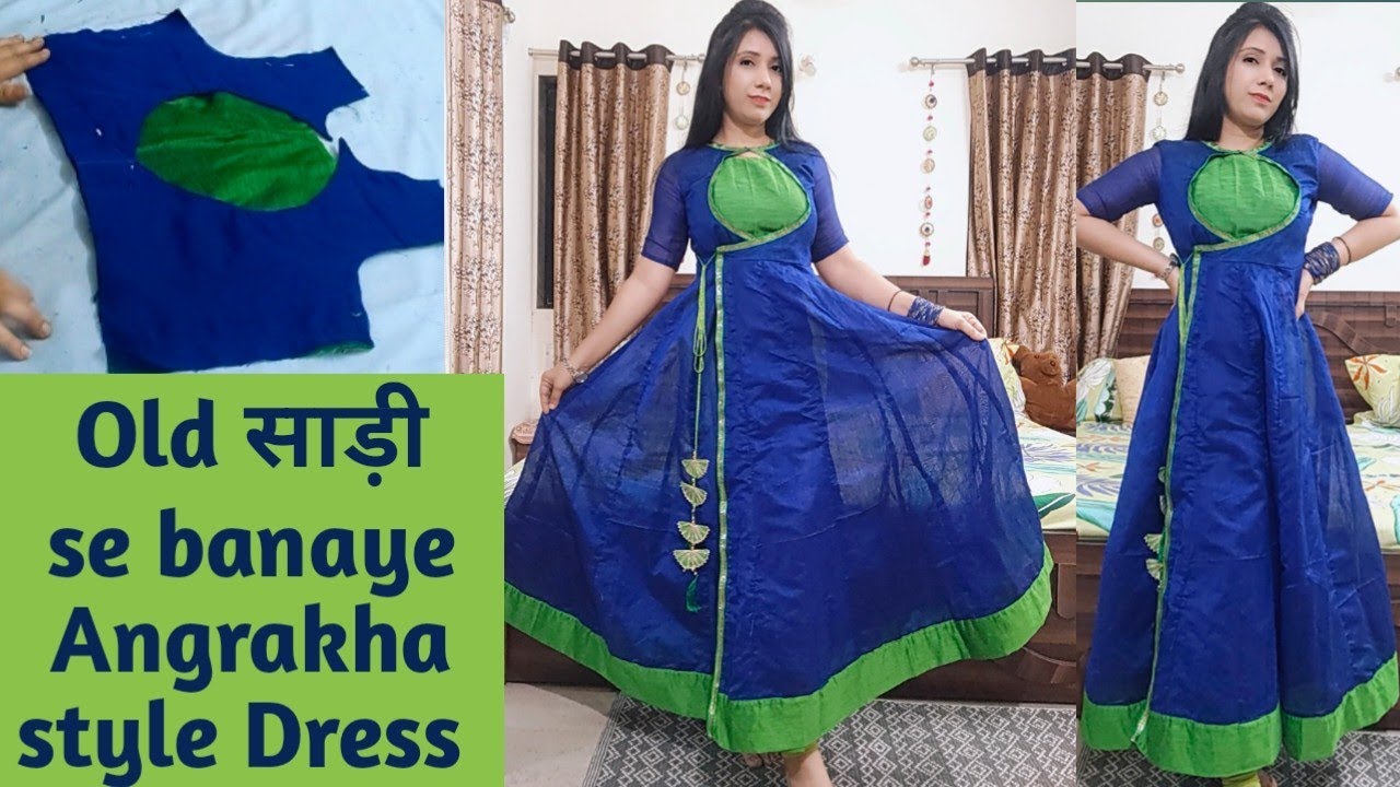 How to Reuse Old Saree | Angrakha Style Kurti Cutting & Stitching | साड़ी से डिजाइनर गाउन कैसे बनाएं