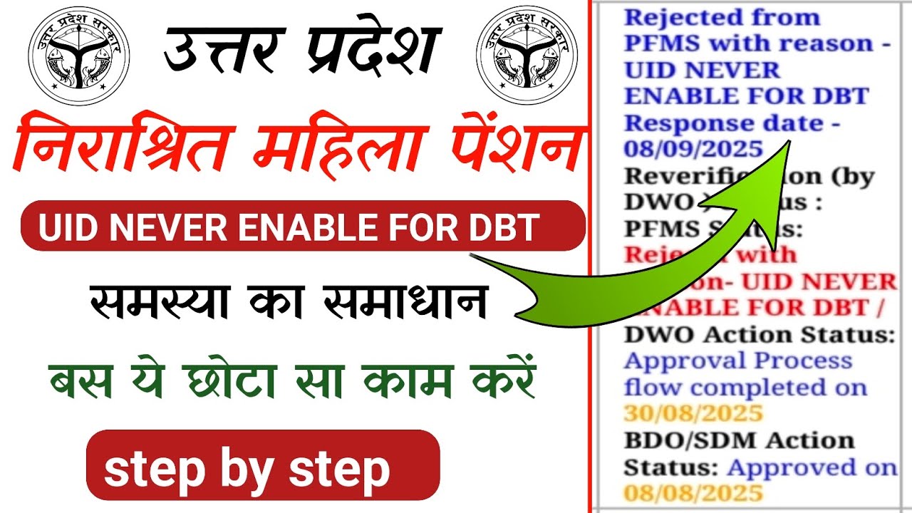UID NEVER ENABLE FOR DBT | widow pension status problem | rejected by pfms kaise sahi hoga | pension