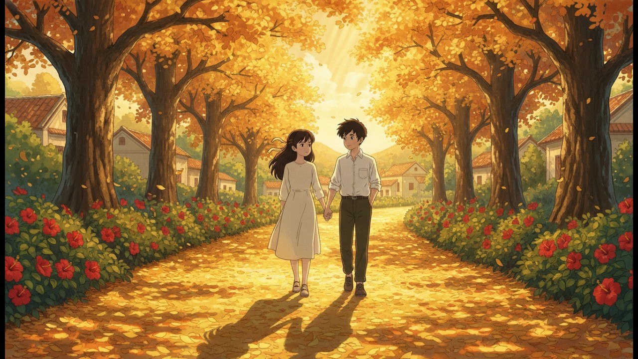 The Village Road Covered in Golden Leaves | First Love's Heartbeats (Ghibli AI Art Style)