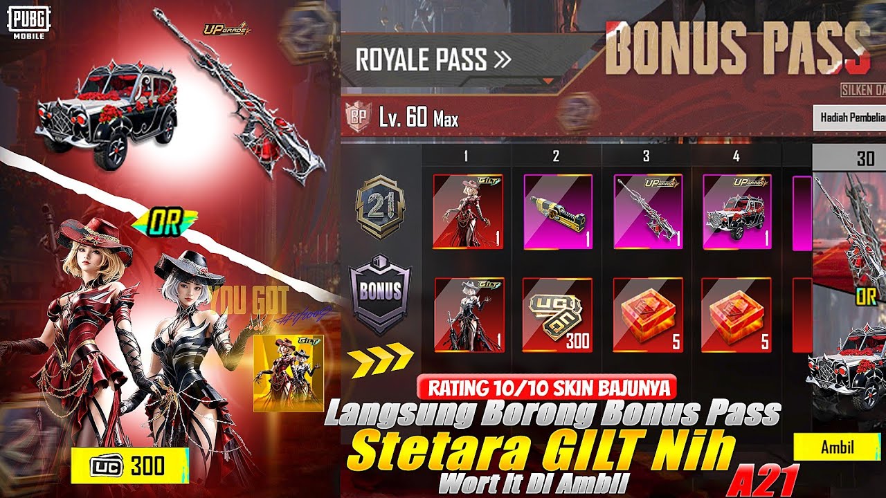 YUK LANGSUNG BORONG BONUS PASS A21 SKIN BAJUNYA SETARA GILT NIH WORT IT RATING 10/10 400 UC AJA GAS🤑