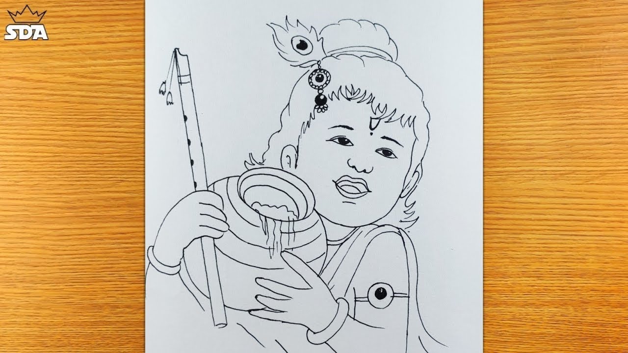 very easy line art bal krishna,krishna thakur drawing,how to draw bal gopal,how to draw lord krishna