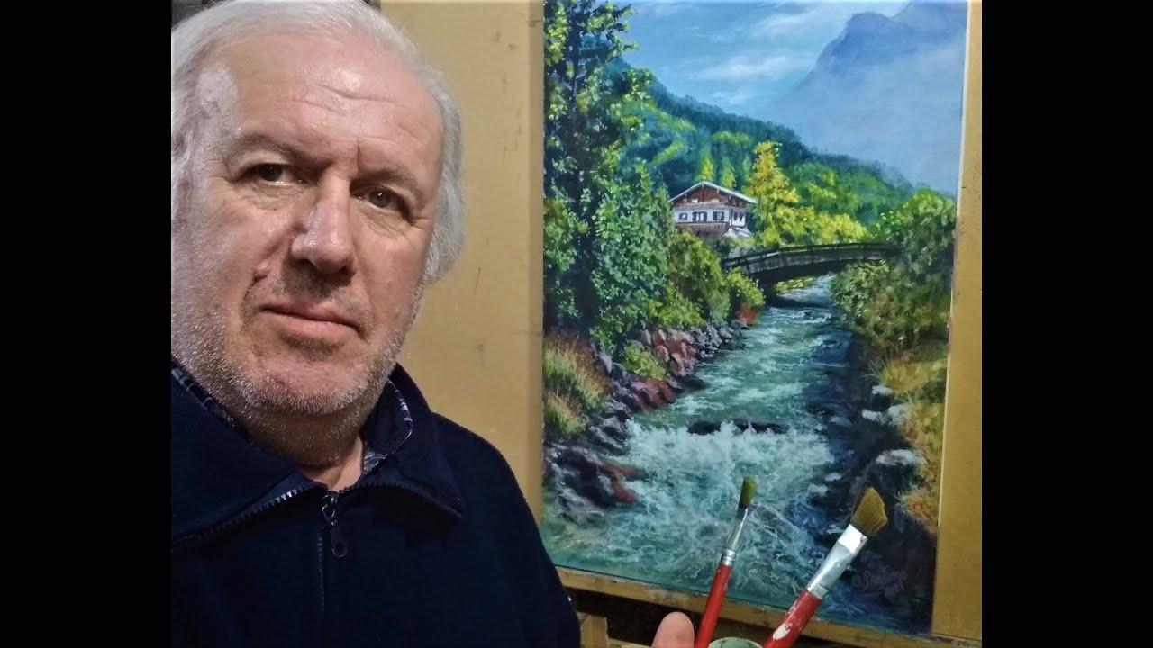 Como pintar los movimientos del agua de un rio,  una cabaña, y arboles iluminados .