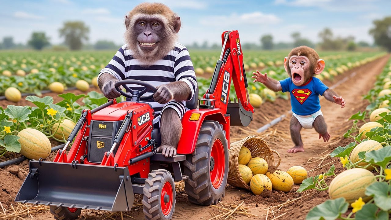 Обезьянка iZi обнаружила шимпанзе, крадущего экскаватор JCB – захватывающая погоня.