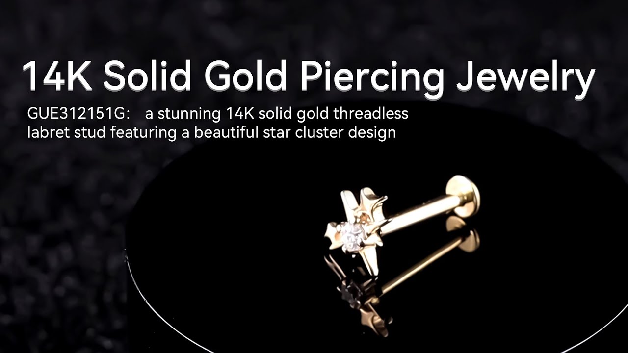 14K Solid Gold Star Cluster Threadless Labret Stud with Sparkling CZ Stone