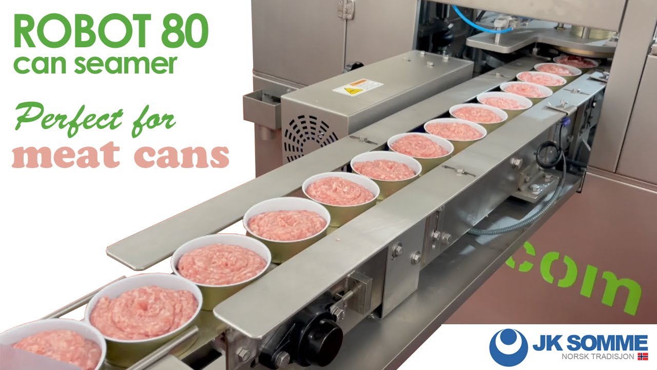 Jk Somme can sealer ROBOT 80. World's best meat canning machine. 65 cans/min. Stainless can seamer