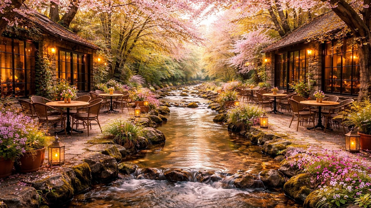 Spring Riverside Café Ambience 🌸 Relaxing Piano & Gentle Acoustic Guitar | Peaceful Stream Sounds