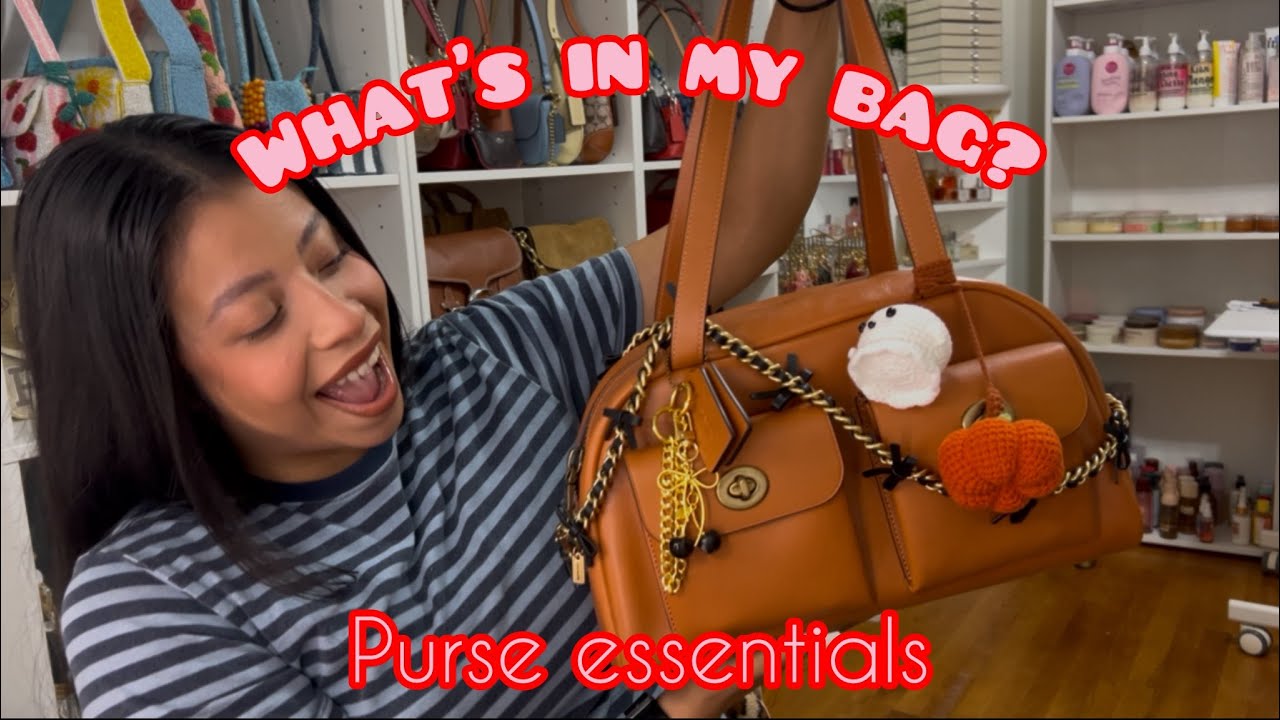 What’s in my bag? Coach Twin TURNLOCK in Toffee 🫶🏽 purse essentials & purse accessories 👛