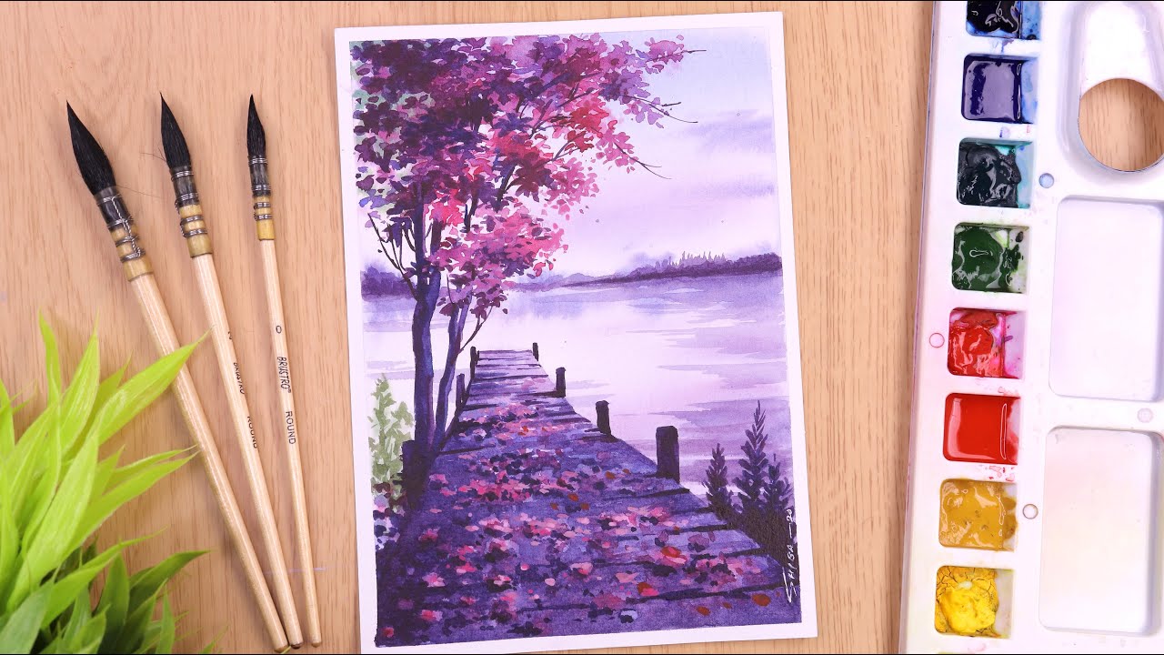 Watercolor painting of spring season landscape with cherry blossom trees and flowers