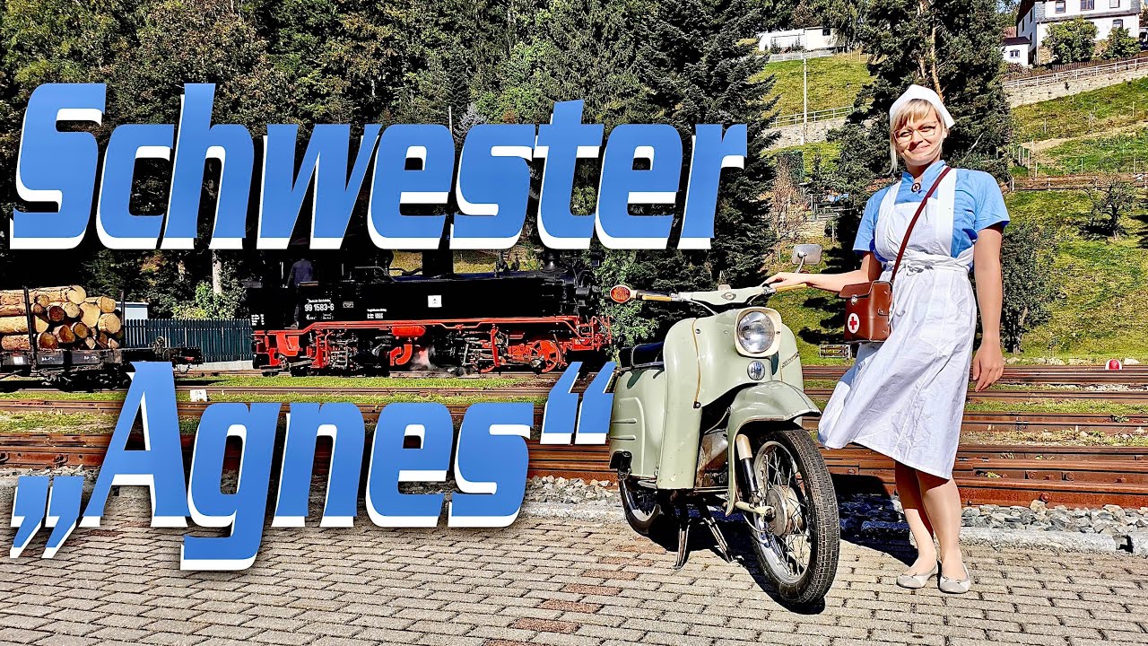 Simson Ausfahrt (Rittersgrün) als „Schwester Agnes“ mit ihrer tundragrauen Simson Schwalbe KR 51/1