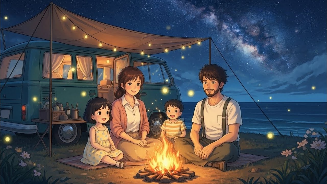 heartwarming family on camper van adventure, inspired by the magical style of Studio Ghibli. 🌧️✨