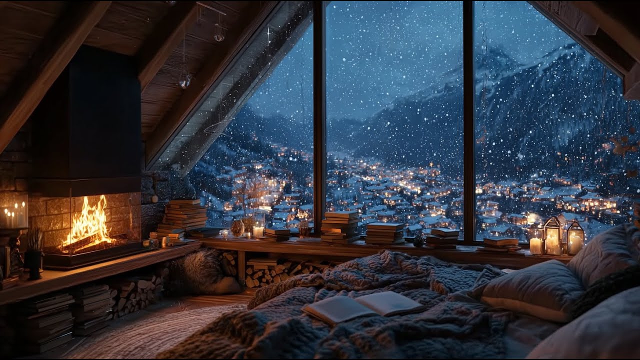Calming Snowy Rain & Warm Fireplace Ambience in a Cozy Bedroom ❄️🔥 | Sleep, Relax & Unwind