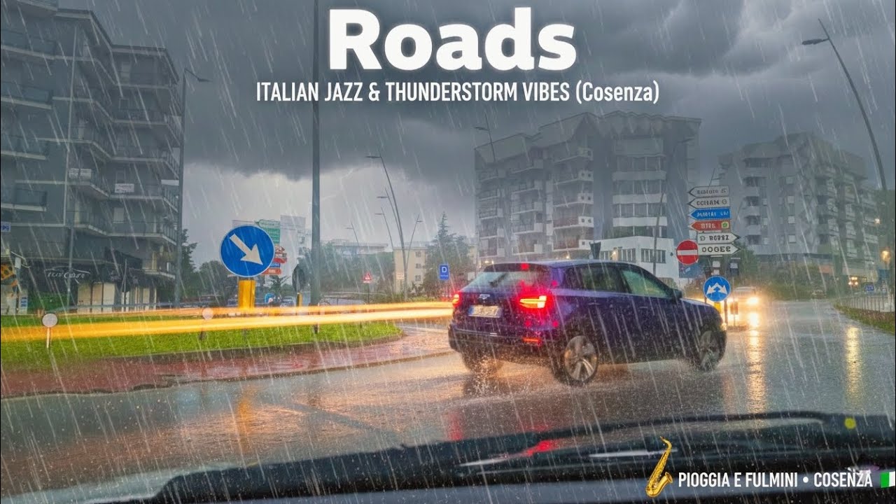 Cinematic Rain Drive: Cosenza Stormy Night | Smooth Jazz & Thunder ASMR 🌧️🎷