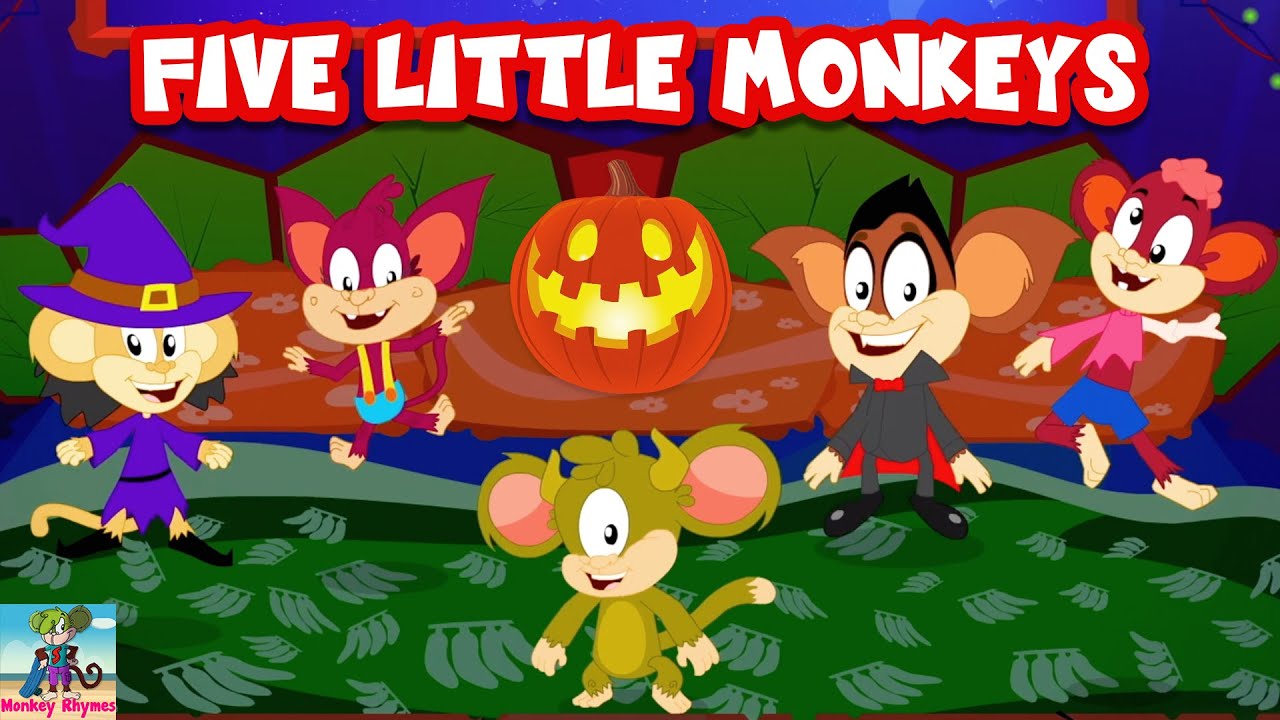 Five Little Monkeys Jumping On The Bed Halloween Nursery Rhyme for Babies