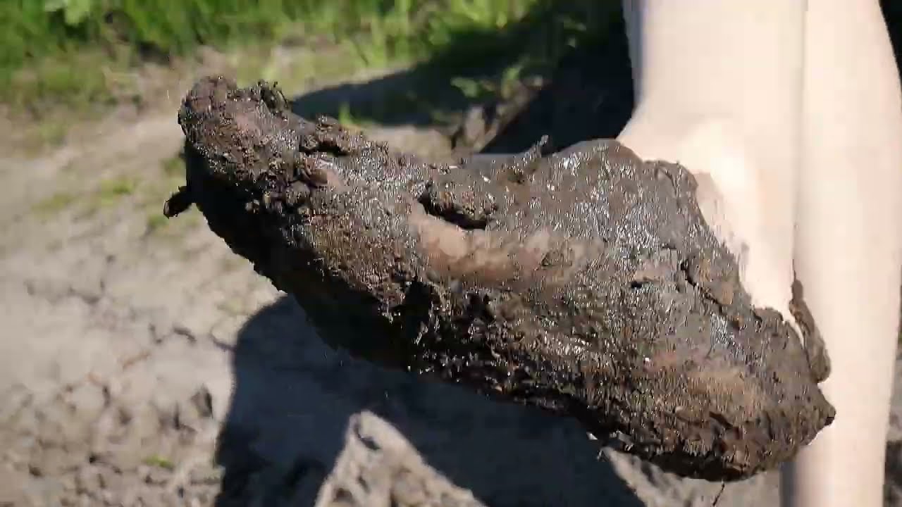 Irina is barefoot, walking in the mud.