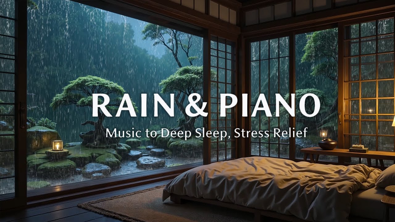 Peaceful Rainy Zen Bedroom Night – Relaxing Piano Music with Gentle Rain Sounds for Sleep & Stress