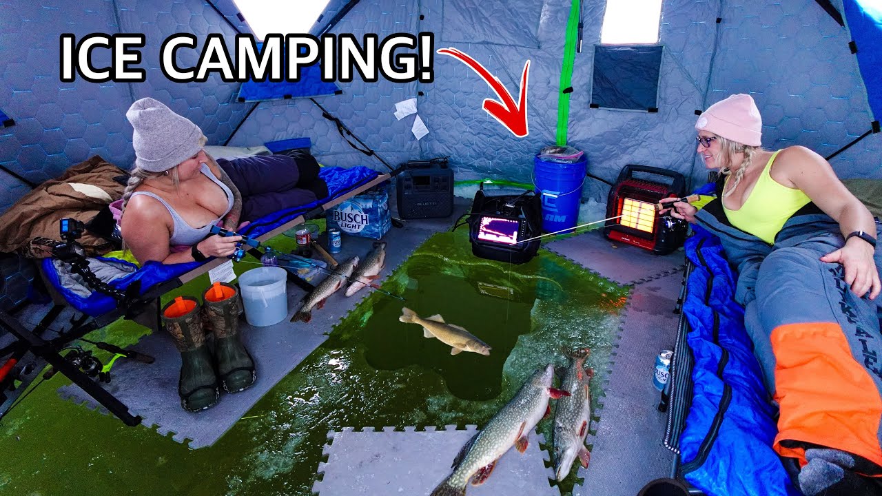 ICE CAMPING FIRST ICE With A BIG HOLE For Tasty Fish For 24 Hours!!! (AGGRESSIVE!!)
