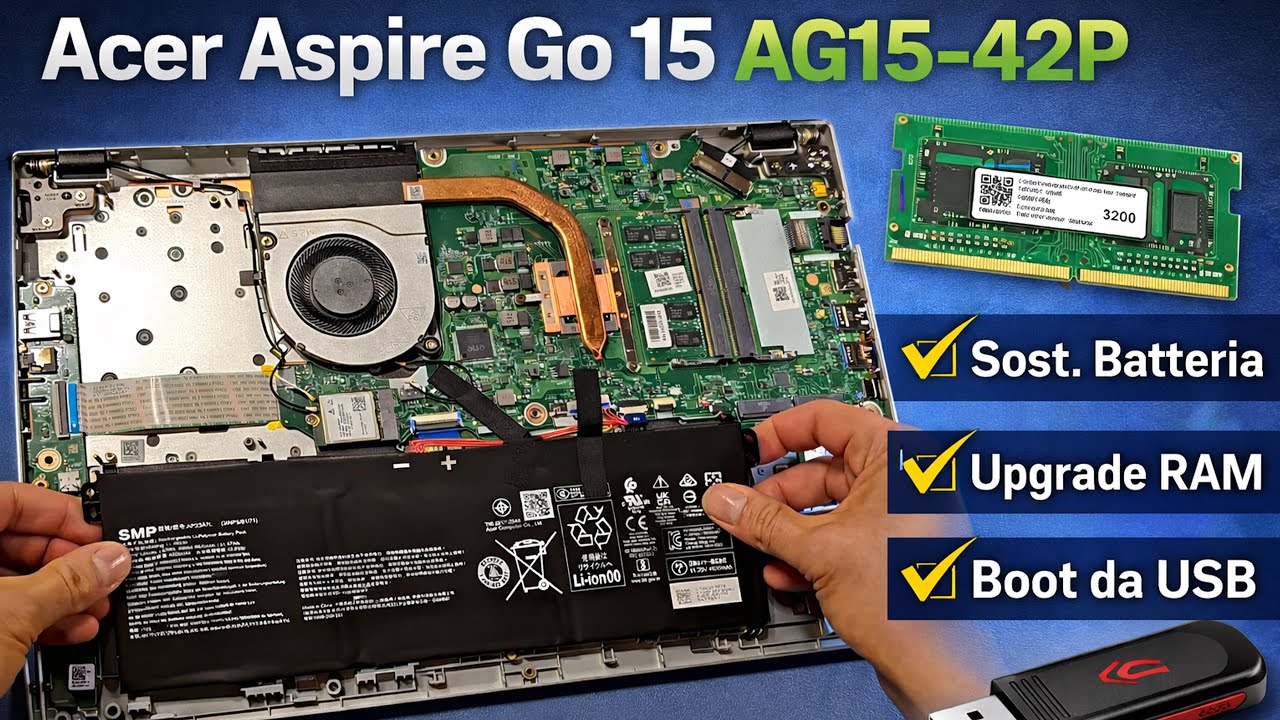Acer Aspire Go 15 AG15-42P | Sostituzione Batteria, Upgrade RAM e Boot da USB