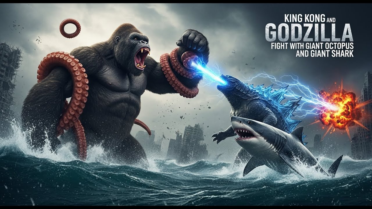 King kong and godzilla fight with giant octopus and giant shark: Cinematic Monster Mayhem!