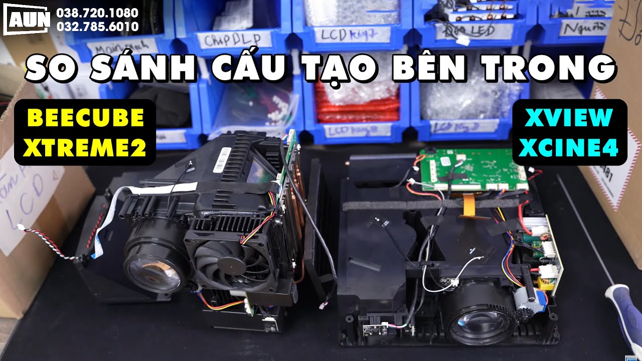 So sánh ruột bên trong máy chiếu Beecube Xtream 2 và Xview Xcine4 pro