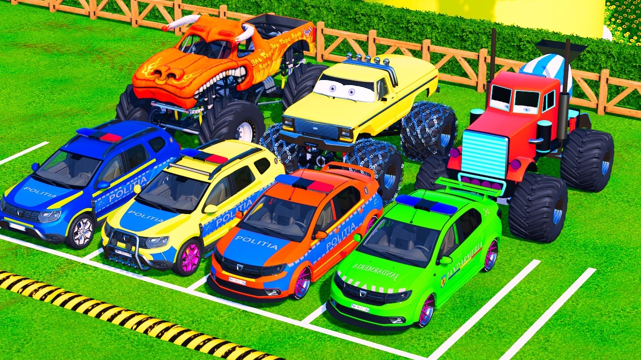 Transporting Colorful POLICE CARS & MONSTER TRUCK to Garage 🚓🚙 | Jump Road Challenge (FS22) #20