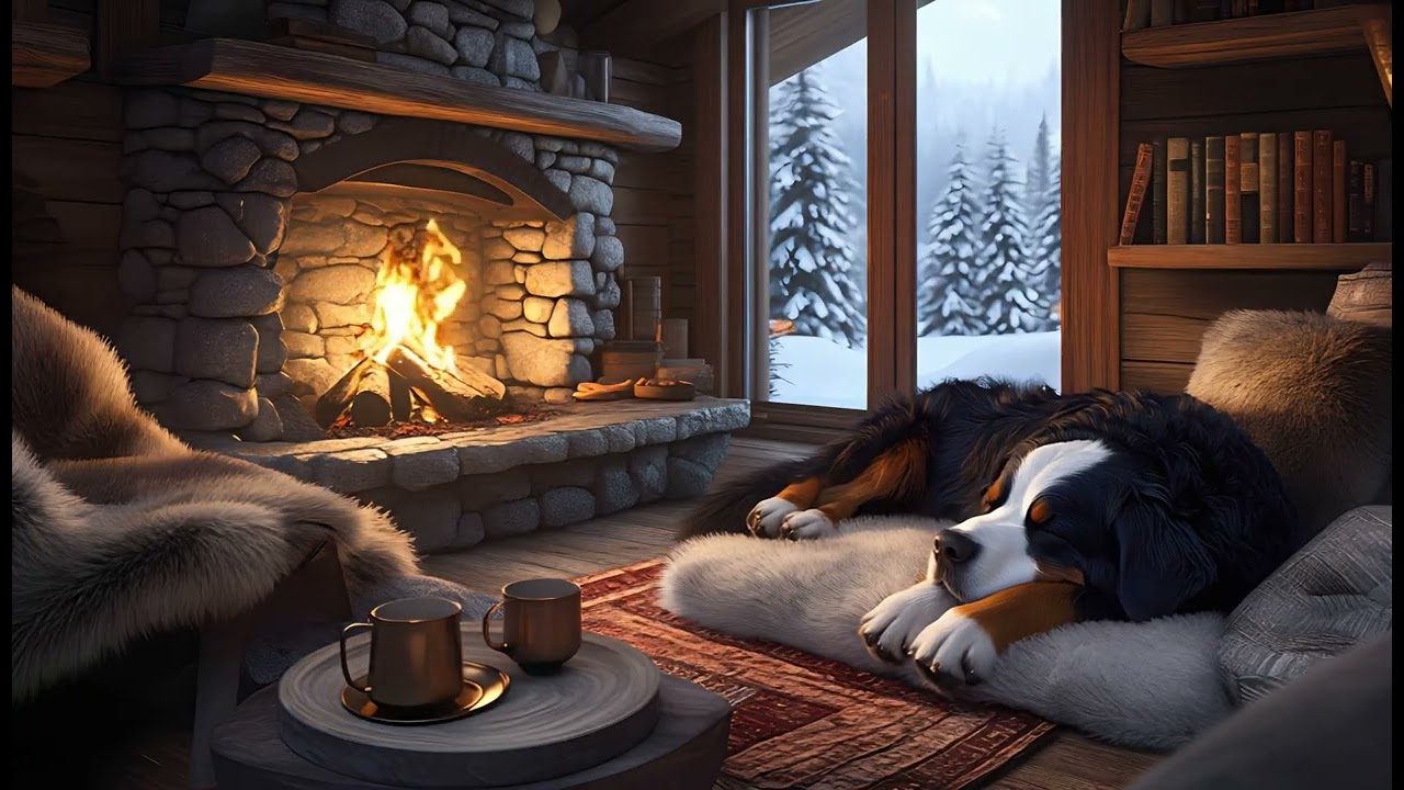 Cozy Cabin Ambience with a Sleeping Bernese Mountain Dog, Fireplace & a Snowy View